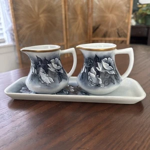 Signed Vintage Hand Painted Tray, Creamers Blue And White Rose Bush Porcelain - Picture 1 of 11