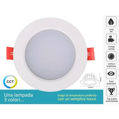 Lampada Faretto Led Da Incasso 10W CCT Dimmerabile Triac Dimmer 2700K 4000K 6000 - Immagine 1 di 3