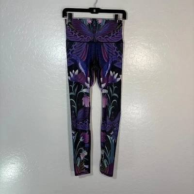 Yoga Democracy Leggings Womens Small Purple Floral Butterfly Hummingbird Print - Image 1 of 4