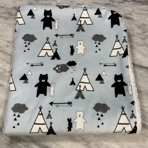 Blankets & Beyond Baby Blue Camping Bears Sherpa Backing Blanket 28”x31” - Picture 1 of 14