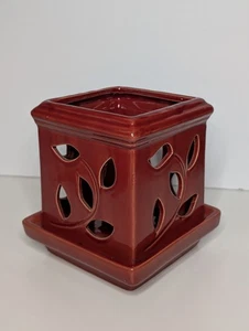 Maceta de orquídea de cerámica roja diseño de recorte de hojas de maceta de 4" con bandeja de drenaje adjunta - Imagen 1 de 6