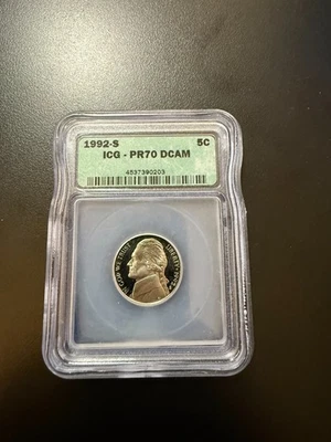 1992-S 5C Jefferson Nickel Proof ICG PR70DCAM Green Older Label - Image 1 of 2
