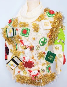 Ugly Christmas Sweater Holiday Party Funny Ugly Vintage Handmade Gold Lametta - Bild 1 von 15
