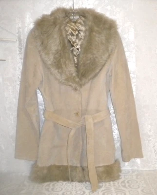CHARLOTTE RUSSE SIZE L LEATHER & DARK FAUX FUR LONG JACKET BEIGE (Table)* - Image 1 of 4