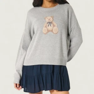 Hollister Teddy Bear Sweater Womens Size XL Pullover Bow Gray Cozy Crew Neck - Picture 1 of 8
