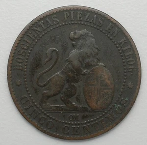1870 SPAIN Provisional Government 5 Centimos Bronze KM#662 Free Shipping - Picture 1 of 2