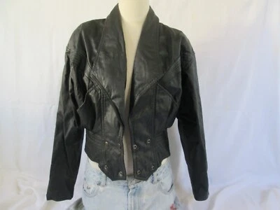 Chaqueta de bombardero corta vintage de cuero para motociclista de los 80 pequeños hombros eléctricos pequeña Foto 1 de 4