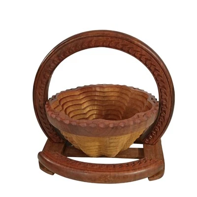 Vintage Hand Carved Wooden Collapsible Fruit Basket 8" Dia. Decorative  - Image 1 of 4