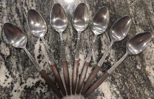 Interpur INR2 Faux Brown Wood Canoe MCM Stainless Flatware 7 Teaspoons Japan - Picture 1 of 5