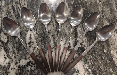 Interpur INR2 Faux Brown Wood Canoe MCM Stainless Flatware 7 Teaspoons Japan - Image 1 of 4