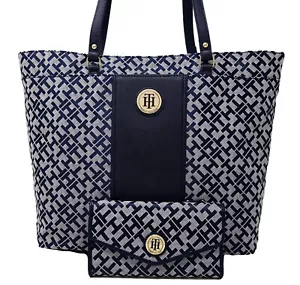 NEW Tommy Hilfiger Logo Navy Blue Tote Bag Handbag Purse & Wallet Set - Picture 1 of 7
