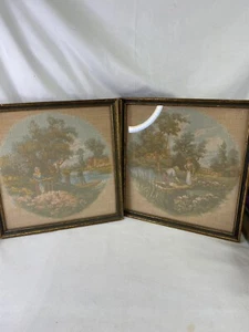 Paar (2) Vintage französische Nadelspitze Wandteppiche provenzalische Landschaft Landwirtschaft Boot - Bild 1 von 18