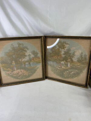 Pair(2) Vintage French Needlepoint Tapestries Provençal Countryside Farming Boat - Image 1 of 4