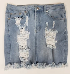 Almost Famous Women's Mini Jean Skirt Distressed Blue Light Wash Raw Hem Size 5 - Picture 1 of 19