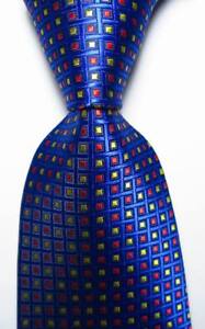 New Classic Checks Blue Red Yellow JACQUARD WOVEN 100% Silk Men's Tie Necktie