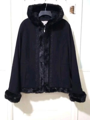 Abrigo Chaqueta Mujer Croft & Barrow LANA NAILON BORDADO FAUX Piel XL NEGRO Capucha Foto 1 de 4