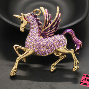 New Enamel Unicorn Pegasus Purple Crystal Fashion Women Charm Brooch Pin Gifts