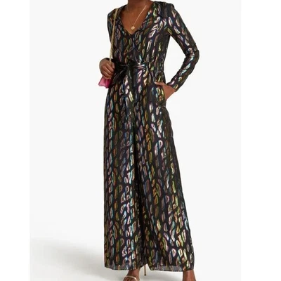 Rachel Zoe Mason Jumpsuit 0 Faux Wrap Metallic Party Wide Leg Vneck Colorful New - Image 1 of 4