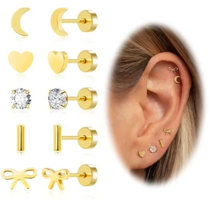 Screw Back Earrings for Women, 14K Gold Plated Flat Back Stud Earrings Hypoal. - Picture 1 of 9