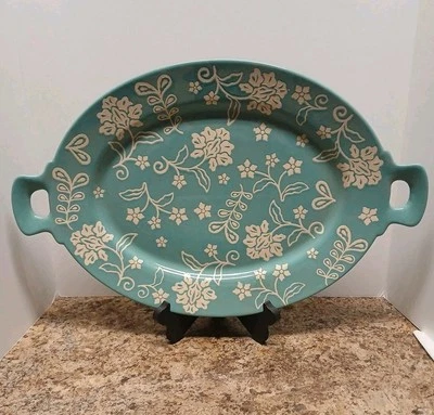 Cook's Essentials 20 in  Stoneware Handled Serving Platter Teal Blue - New - Image 1 of 4