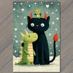 Kunstdruck süße schwarze Katze mit Hörnern umarmen grünen Drachen verschneite Herzen Fantasy - Bild 1 von 1