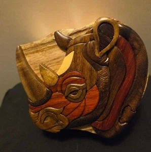 Rhinoceros Rhino Intarsia Wood Puzzle Box Made Vietnam NIB - Picture 1 of 4