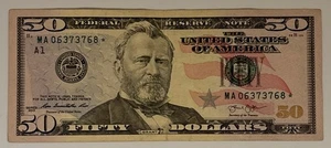 2013 $50 Fifty Dollar Star Note No. MA 06373768* Great Circulated Condition - Picture 1 of 3