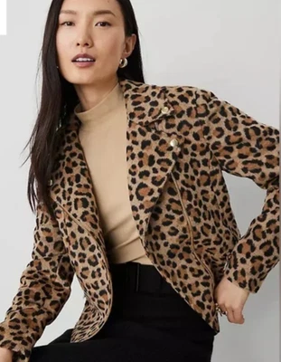 NEW ANN TAYLOR $208 LEOPARD PRINT WOOL BLEND MOTO JACKET SZ MP MEDIUM PETITE - Image 1 of 4