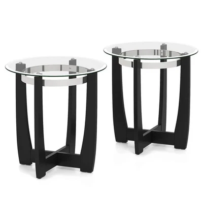2PSC 24" Round Side Table Glass End Table with Tempered Glass Top Cross  Black - Image 1 of 4