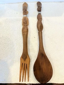 Vtg Wood Carved African Tribal Salad Utensils Serving Set - Picture 1 of 3