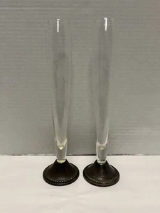 Sterling weighted pair of etched glass bud vases Uchin Creation - Picture 1 of 9