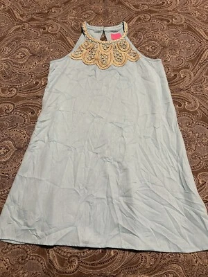 Lilly Pulitzer Girl 14 Solid BALI BLUE MINI PEARL SHIFT DRESS Gold Lace - Image 1 of 4