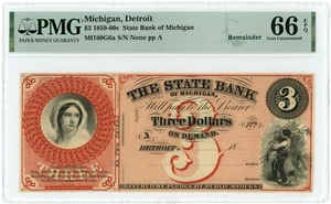 1859-60s $3 State Bank of Michigan 66 EPQ PMG (L0945) - Picture 1 of 2