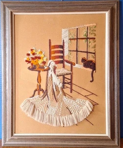 VTG Sunset Stitchery Cozy Home Needlework Kitty Cat n Window Grannycore Framed - Picture 1 of 16