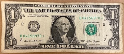 2013 B Duplicate Star Note Error Fancy Number One Dollar Bill B 04156970 * - Image 1 of 2