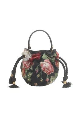 Bolso Pompa Rosa Jacquard Estampado Floral Cordón Asa Superior Negro Pequeño Foto 1 de 4