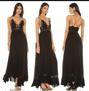 Free People Adella Maxi-Schlupfkleid Häkelspitze S Träger schwarz schön Boho - Bild 1 von 6