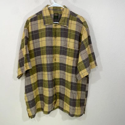 Vintage Scott Barber Shirt Mens XL 100% Linen Plaid  Short Sleeve Yellow Brown - Image 1 of 4