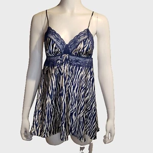 Victoria's Secret Satin Babydoll Chemise Slip Large Blue White Zebra Stripe - Picture 1 of 4