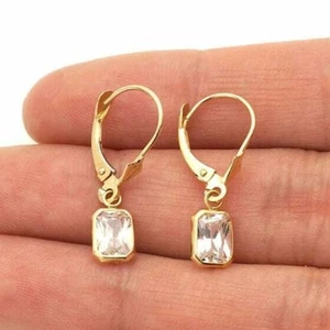 14k Yellow Gold Emerald Cut Bezel Set Birthstone Drop Leverback Earrings - Picture 1 of 84