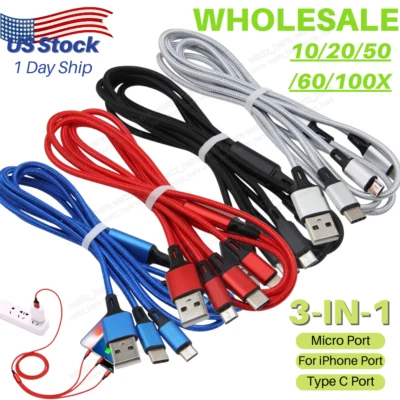 Wholesale 3 in1 Type C USB C Charger Fast Charging Cable For iPhone Android 4 FT - Image 1 of 4