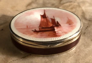 20th Century Antique French Sterling Silver Oval Box with Navy Guilloché Enamel - Picture 1 of 7