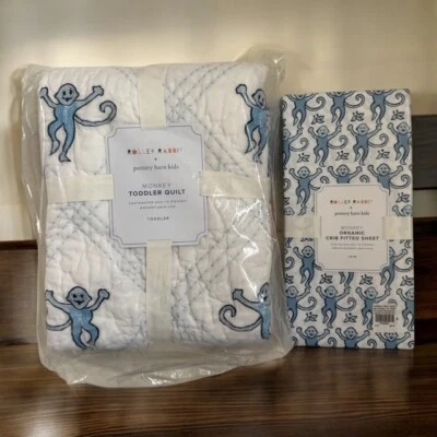 SÁBANA Y EDREDÓN Pottery Barn Kids ROLLER RABBIT MONKEY para niños pequeños Nuevo Foto 1 de 4