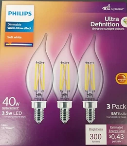 Philips Light Bulbs BA11 40W 300 Lumens Soft White Warm Glow Medium Base Bulbs - Picture 1 of 3