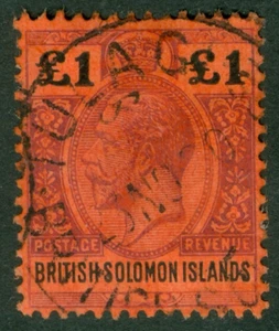 SG 38 Islas Salomón Británicas 1914-23. £1 púrpura y negro/rojo. Muy bien usado... - Imagen 1 de 1