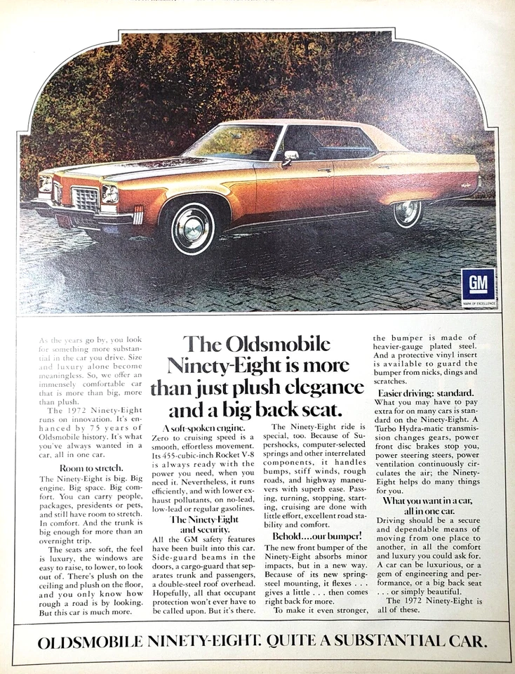 PRINT AD 1971 Oldsmobile 1972 Ninety Eight Quite A Substantial Car 10.5x13 - Image 1 of 1
