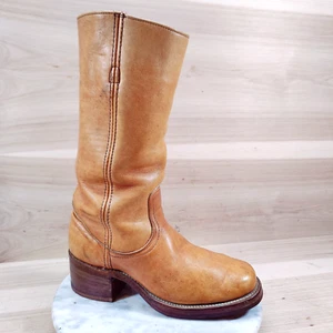 Vtg 70s Frye Campus Boot Women 9 B Sunrise Orange Square Toe Western BLACK LABEL - Picture 1 of 16