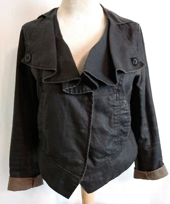 CAbi Waxed Linen Ruffle Moto Jacket Blazer #901 M Gray Black Asymmetrical Hem - Image 1 of 4