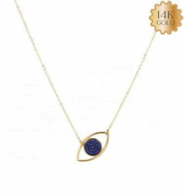 14K Gold 0.16 Ct Natural Sapphire Gemstone Evil Eye Charm Necklace-Jewelzofny - Image 1 of 4