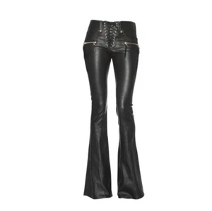 Punk Womens Lace High Up waist Leather Pants Bell bottom Trousers Clubwear Biker - Picture 1 of 3